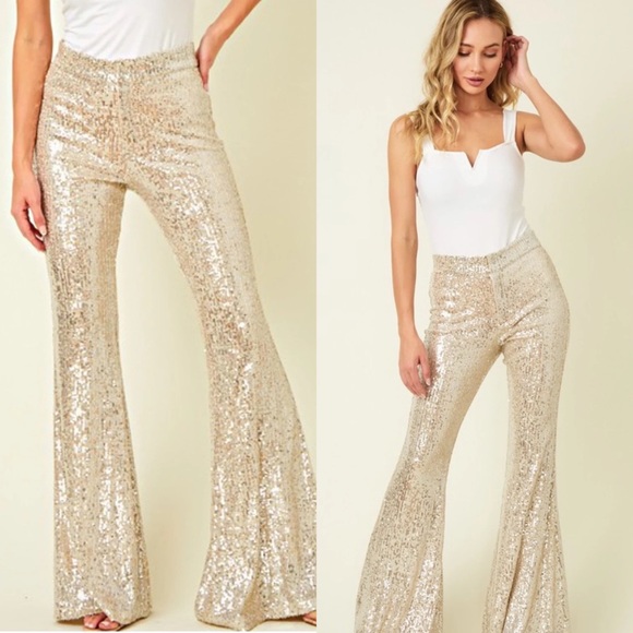 🦃24 HOUR SALE 🦃 Times Square Champagne Sequin Flare Pants - Picture 5 of 8